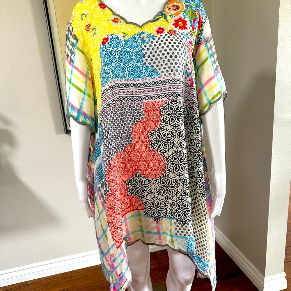 JOHNNY WAS FLOWY SILK PRINT CAFTAN WITH HIGH LOW HEMLINE SIZE 1X